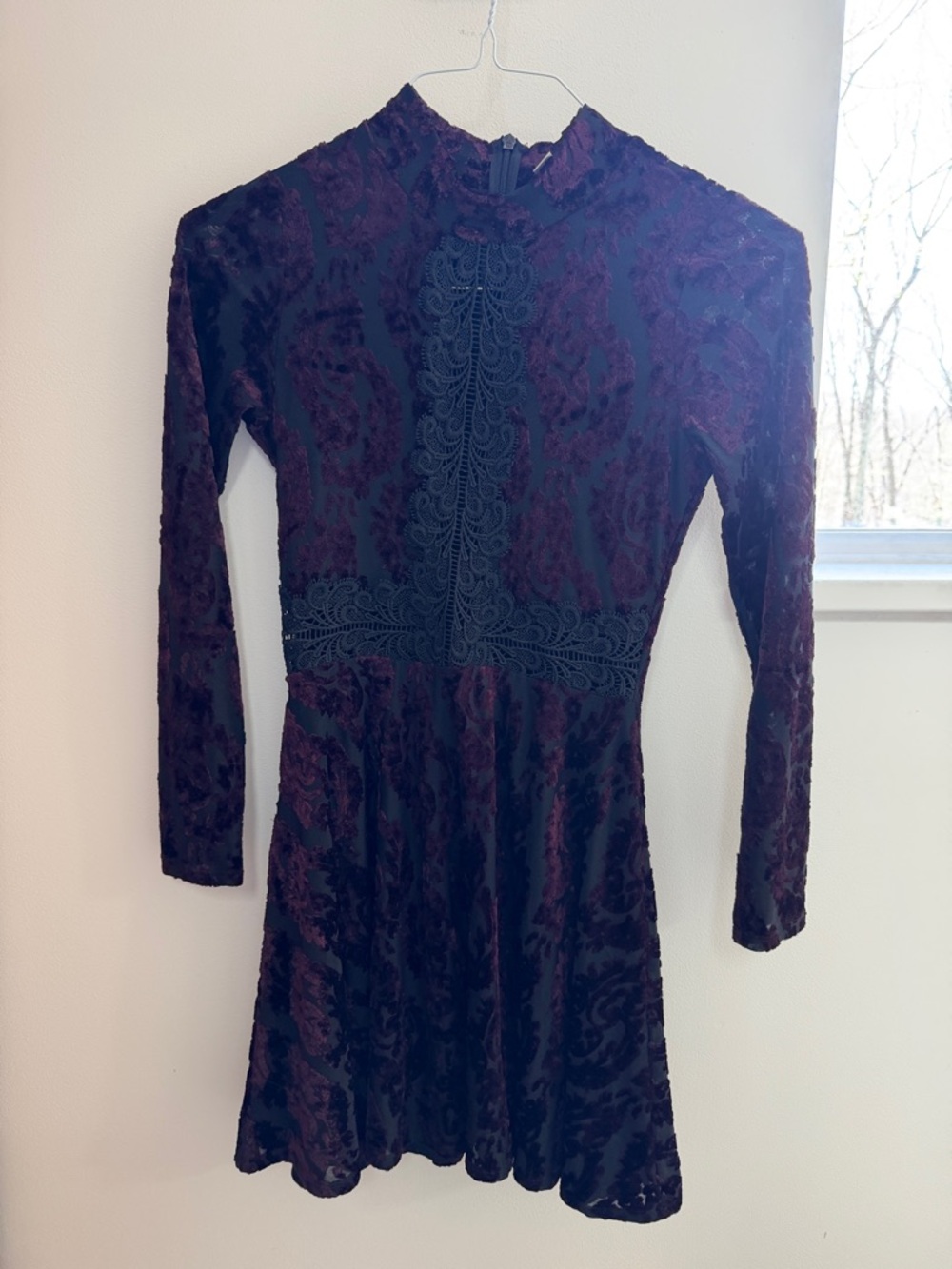 Aqua Long Sleeve Velvet Lace Mini Dress in Deep Plum